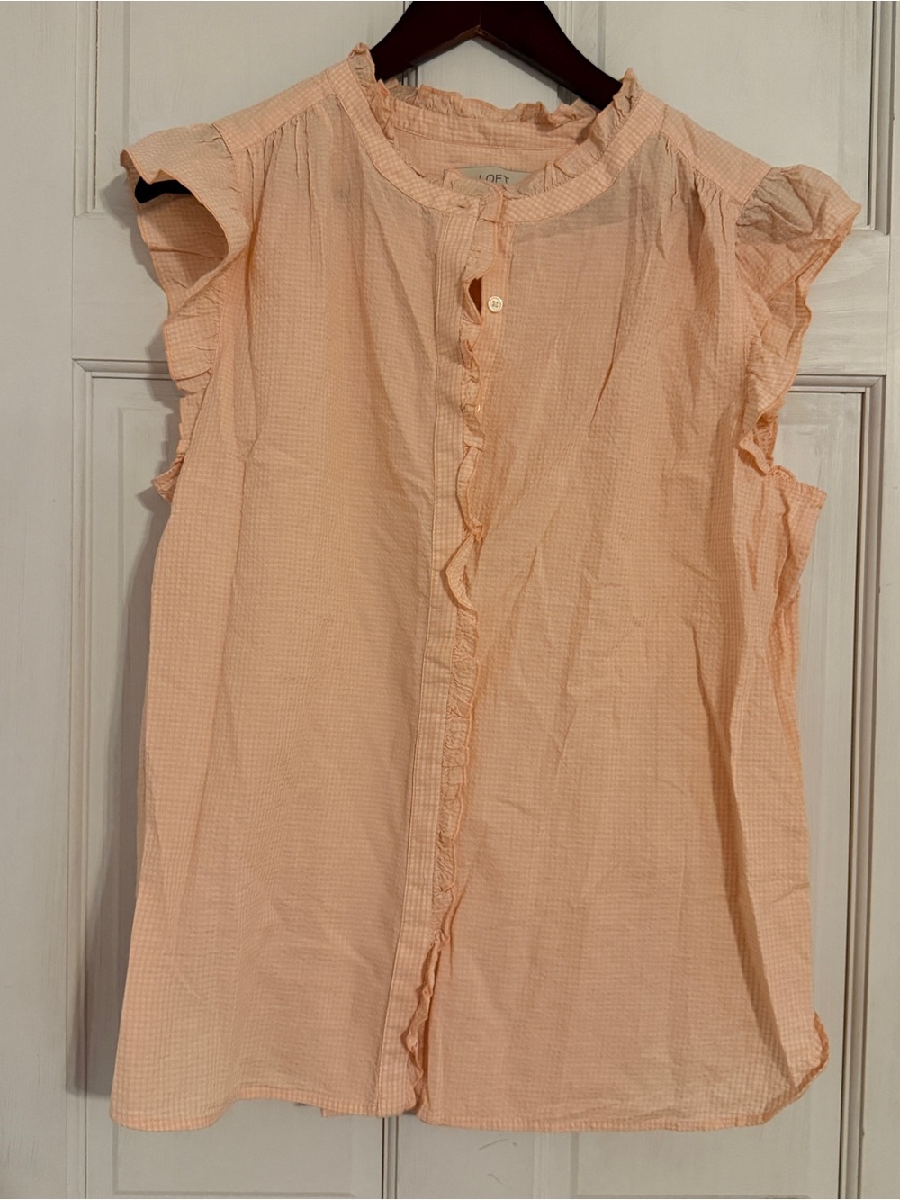 LOFT Women's Pink & White Gingham Print Button Down Ruffle Top Size L